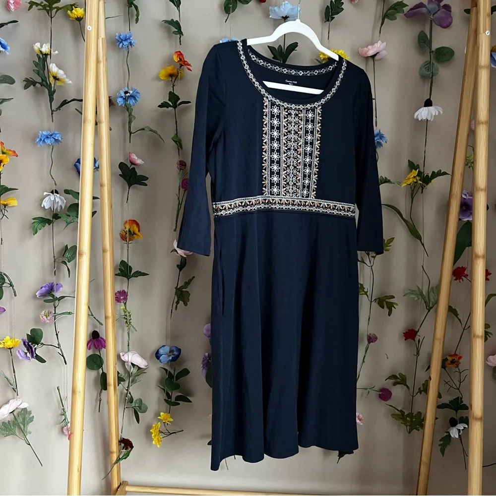 Garnet Hill Embroidered-Bodice Knit Dress, Navy, Medium